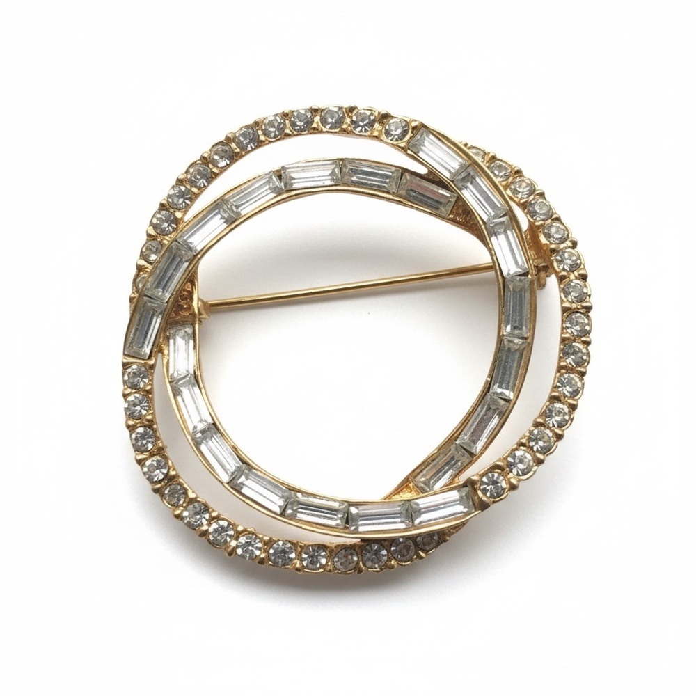 VTG Sparkling Rhinestone Crystal Triple Circle Eternity Brooch Pin Mid Century